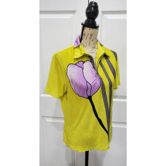 DKNY GOLF Yellow Lavender Gray Crinkle Fabric 1/2 Zip Short Sleeve Top Medium - Picture 3 of 5